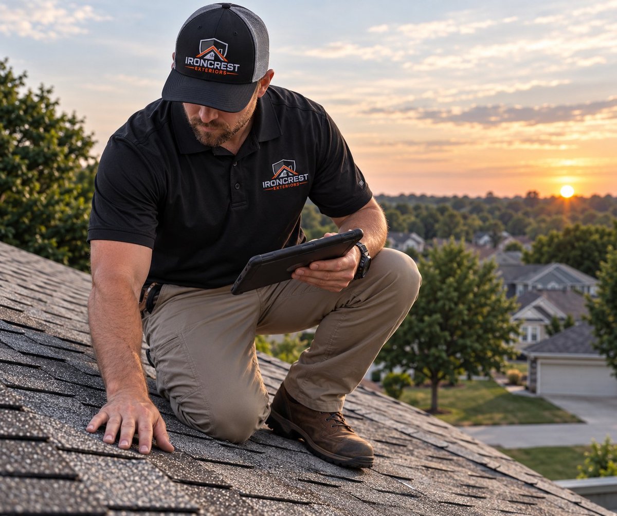 Ironcrest inspector in branded polo examining roof shingles at sunset over a residential neighborhood